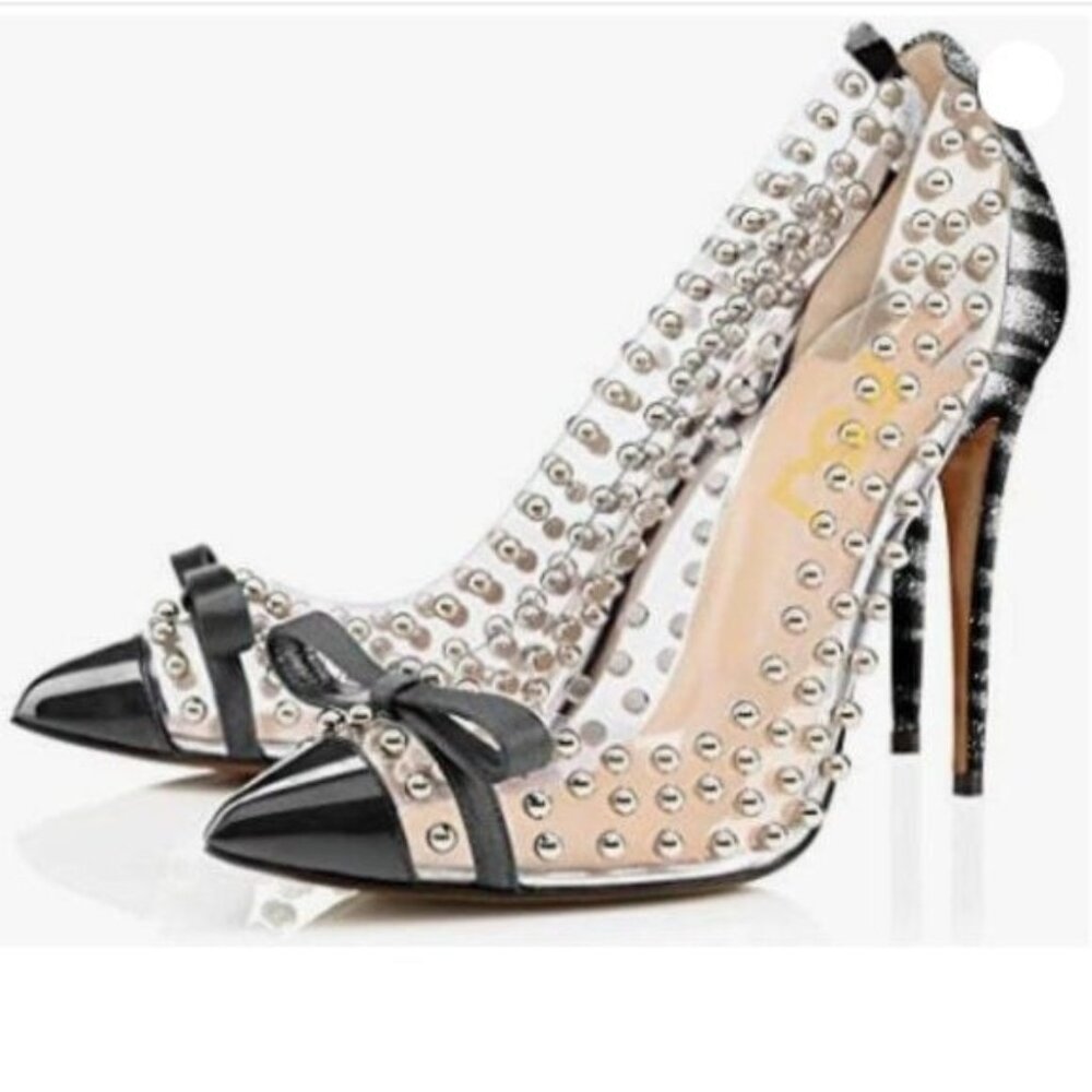FSJ Zebra Studded Pointed Toe Transparent Pumps High Heels Cute Bowknot Shoes